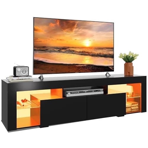 Image of WLIVE LED TV Unit, Black TV Stand Cabinet with LED for up to 70 Inch TV, 160 CM Long, 20 Colors RGB Modern Wood TV Console with 6 Storage, Black