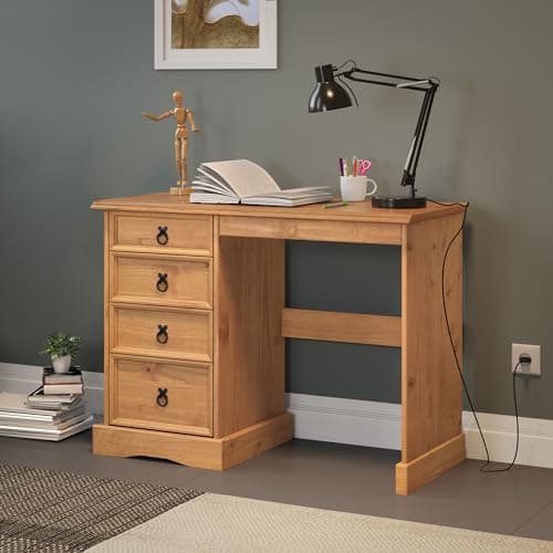 Image of Corona Dressing Table Solid Wood Pine 4 Drawer Desk Small Computer Desk Bedroom Home Office Wooden Mexican Style Work Storage 78cm High 105cm Wide 49cm Deep
