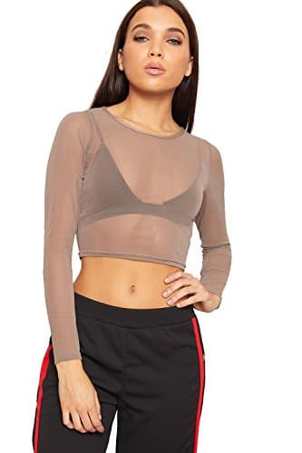 Image of WearAll Womens Sheer Mesh Crop Top Ladies Long Sleeve Crew Neck Plain Stretch New - Mocha - 12-14