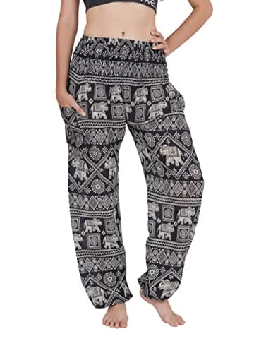 Image of CHAINUPON Harem Trousers Women Boho Loose Yoga Pants Casual Bohemian Hippie Lounge Elephant Pyjamas Bottoms (L-XL, Black Elephant Stamp)