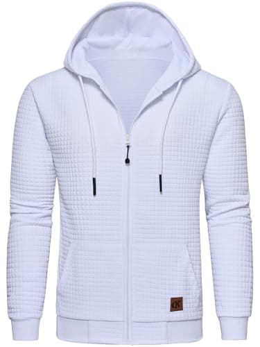 Image of Tyhengta Hoodie Jacket Mens Full Zip Sweatshirt Waffle Pullover Hooded Jumper Breathable Sweat Hoodie with Pocket White, L