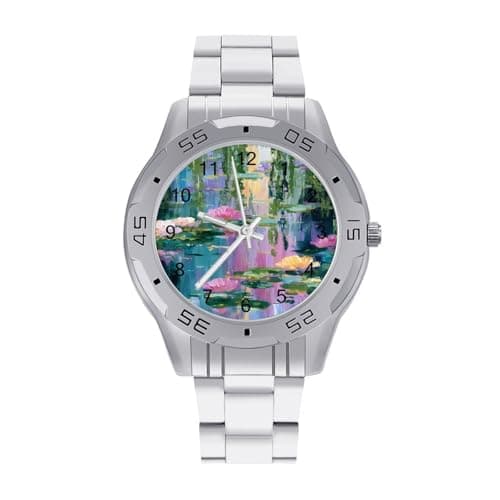 Image of Water Lilies and Weeping Willows Men's Quartz Watch Trendy Stainless Steel Bands Easy Read Minimalist Wristwatches Business Daily