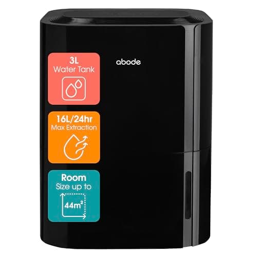Image of Abode Dehumidifier 16 Litre/Day with Digital Display for Damp, Mould & Moisture in Home, Kitchen, Bedroom, Office, Caravan, Laundry Drying, 44m2 Room Coverage, Smart Timer, Black ADH1601B