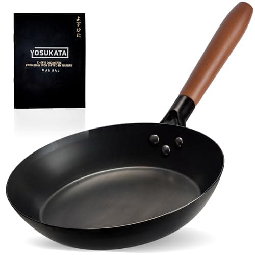 Image of YOSUKATA 26 cm Carbon Steel Frying Pan – Non-Toxic Pre-Seasoned Skillet with Removable Wooden Handle – Coating-Free Wok-Style Pan for Gas, Induction, Electric, Oven & Grill BBQ