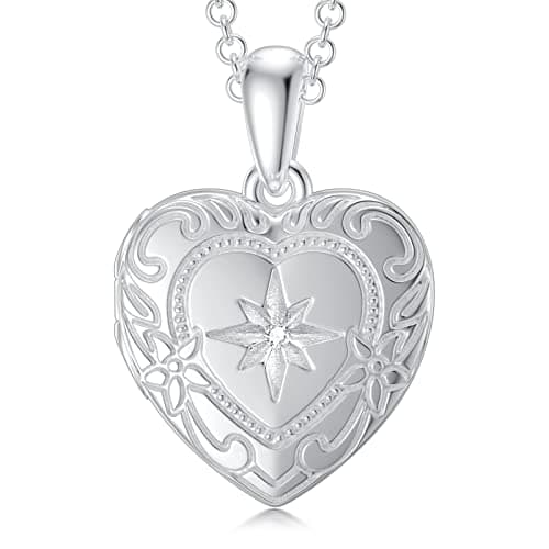 Image of SOULMEET 18ct Plated White Gold Starburst Locket Necklace That Holds 1 Picture Photo Diamond Cut Heart Locket Necklace Mother's Day (Locket only)
