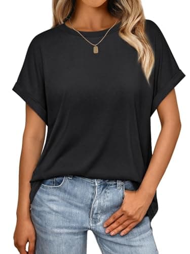Image of Cuptacc Women Tops UK Oversized Scoop Neck Ladies Tops Women Elegant Solid Color Short Sleeve T Shirt Wrinkle Free Lightweight Tunics Black 8-10