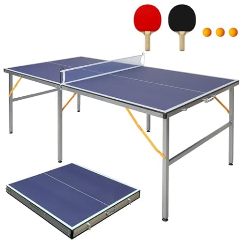 Image of FUNJEPE 6X3ft Mid-Size Table Tennis Tables - Indoor/Outdoor Foldable & Portable Ping Pong Table Game Set with Net,2 Table Tennis Paddles and 3 Balls