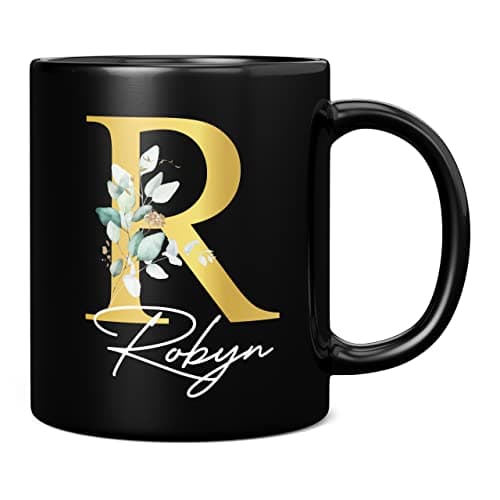 Image of Personalised Letter R Floral Mug Initial with Name, Customised Gift, Gold Effect Printed Letter, NOT Metallic - Ceramic Coffee Cup for Men or Women, Extra Large and Giant Mug, 11oz Black Cup