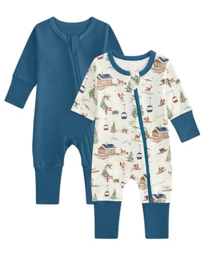 Image of JiAmy 2 Pack Baby Sleepsuits Baby Grows Cotton Two-Way Zip Long Sleeve Footed Pajamas with Mitten Cuffs Newborn Clothes for Boys Girls 3-6 Months Blue
