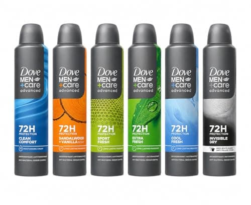 Image of Dove Men+Care Antiperspirant Deodorant Spray 250ml Pack of 6 – Mixed Scents (Clean Comfort, Sandalwood & Vanilla, Sport Fresh, Extra Fresh, Cool Fresh, Invisible Dry) – 72H Protection