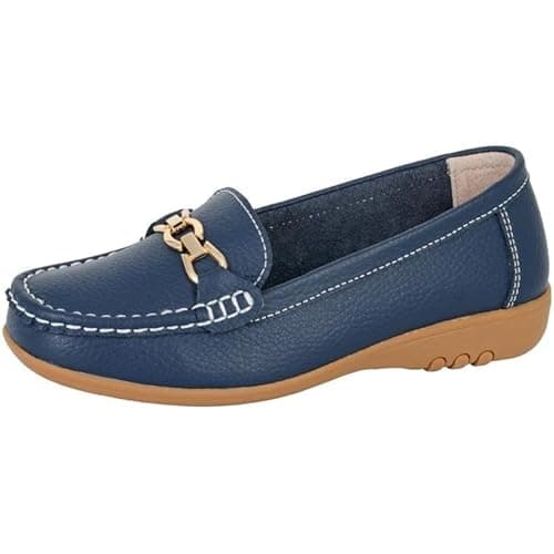 Image of Miss Shoes Extra Wide EEE Fit Leather Bar Loafers (Navy Blue, UK Footwear Size System, Adult, Women, Numeric, X-Wide, 7)