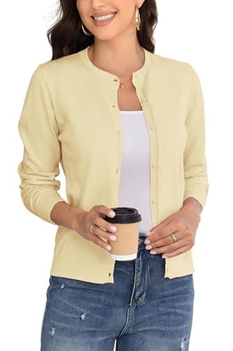 Image of BERESIA Ladies Cardigan Womens Knit Sweater with Buttons Round Neck Crewneck Coat Elegant, Light Yellow XL