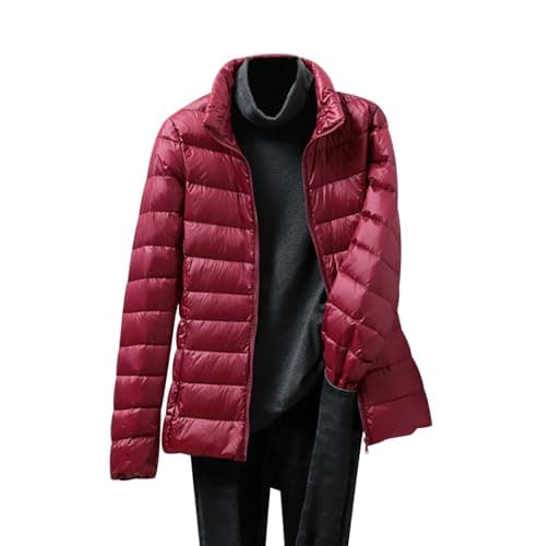 Image of HAXNOHEY Quilted Jacket Womens Lightweight Puffer Jacket Hooded Puffer Jacket Stand Collar Puffer Jacket Down Jacket Puffer Coat Waterproof Quilted Jacket Shiny Down Jacket Wine Red 8XL
