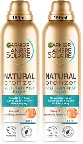 Image of Garnier Ambre Solaire Fake Tan, Natural Bronzer Quick Drying Dark Self Tan Body Mist, Intense & Streak Free Fake Tan, Lasts Up to 1 week, Vegan Formula, Radient Glow For All Skin Types, 150ml