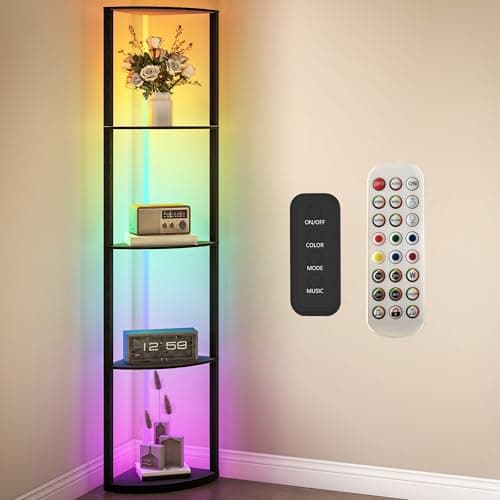Image of HOMCOM RGB LED Floor Lamp with Shelves, 5-Tier Dimmable Standing Lamp with Adjustable Brightness and Remote Control, Modern Corner Display Shelf Unit for Living Room Bedroom Office, Black
