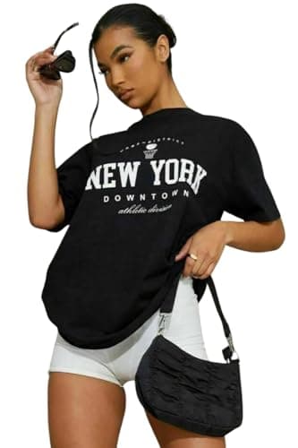 Image of T-Shirts for Women Short Sleeve Round Neck Oversized Slogan Printed Tshirt Long Casual Summer Baggy Fashion Ladies Tees Plus Size Tshirts Tops New York Down Town-Black-ML
