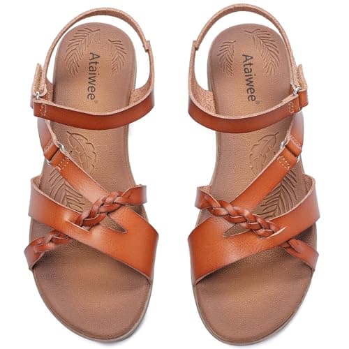 Image of Ataiwee Women's Flat Slide Sandals - Comfortable Slip-On with Ankle Strap,Casual Open Toe Design,Hook-and-Loop Closure Summer Sandals.(LB/MF,Size 8)