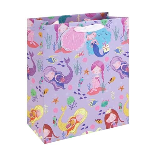 Image of Eurowrap Mermaid Large Gift Bag – Purple Underwater Present Bag with Mermaid Illustration, Seashell Tag & Ribbon Handles – Premium Birthday & Celebration Gift Packaging for Girls & Children