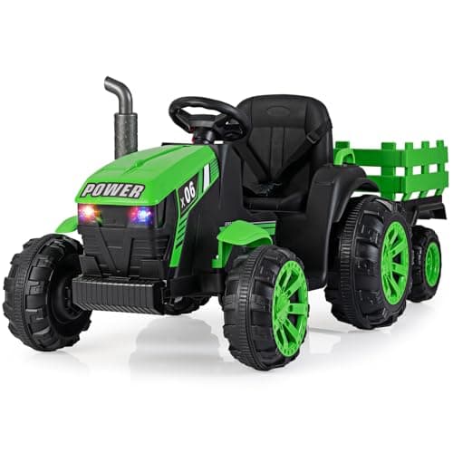 Image of COSTWAY Kids Ride on Tractor with Trailer, 24V Electric Vehicle with Remote Control RGB LED Headlights, Music, USB, Dual Motors Battery Powered Ride on Car for 3-7 Years Old (Green)