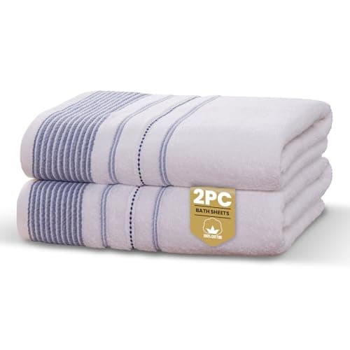 Image of Rapport Home Dakota Stripe Bath Sheets 2 Pack | Blue 90x140cm | Luxurious 500GSM 100% Cotton | Oeko-Tex Certified Absorbent & Soft Bathroom Towels
