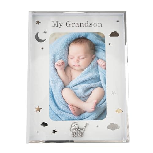 Image of Happy Homewares My Grandson Silver Plated 4x6 Picture Frame with Gold and Silver Foil Stars and Clouds | Silver Pram with Clear Diamantes | Wall or Table