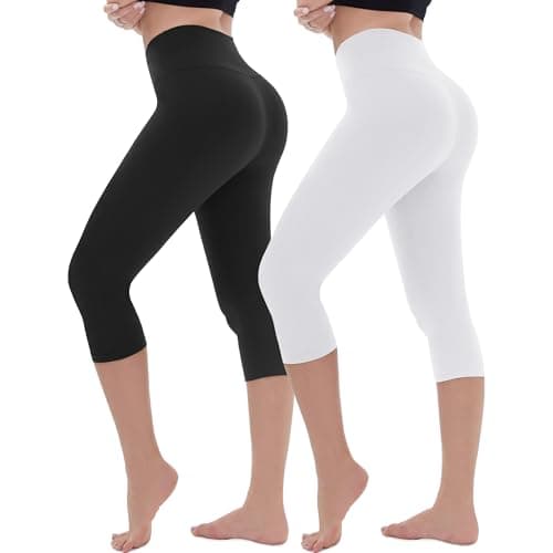 Image of AMIYOYO Cropped Leggings for Women 2 Pack High Waisted 3/4 Length Capri Leggings White Tummy Control Workout Yoga Gym Activewear