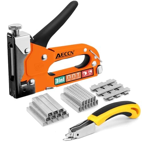 Image of AECCN 3 in 1 Heavy Duty Staple Nail Steel Gun Kit with 2100 Staples, Upholstery Stapler for Fixing Material, Decoration, Carpentry, Furniture, Doors and Windows - Orange