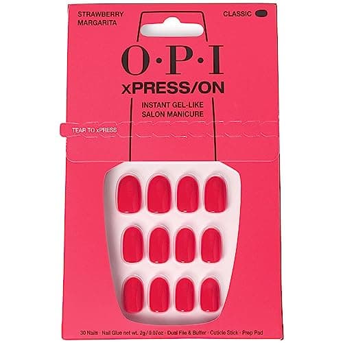Image of OPI xPRESS/ON Strawberry Margarita - Bright Pink Short Round Press On Nails - With Nail Glue - Long Lasting, Reusable & Non-Damaging Short False Nails