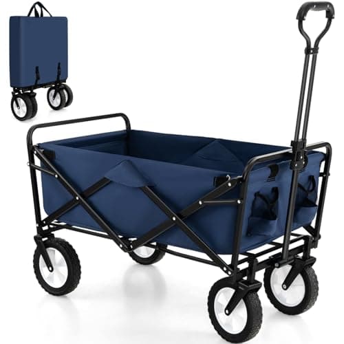 Image of GiantexUK Folding Trolley Cart, Garden Wagon Trailer with Adjustable Handle, Bottle Holders, Wheels & Cover Bag, Outdoor Collapsible Pull Along Cart for Camping Beach Festival Shopping (Navy Blue)