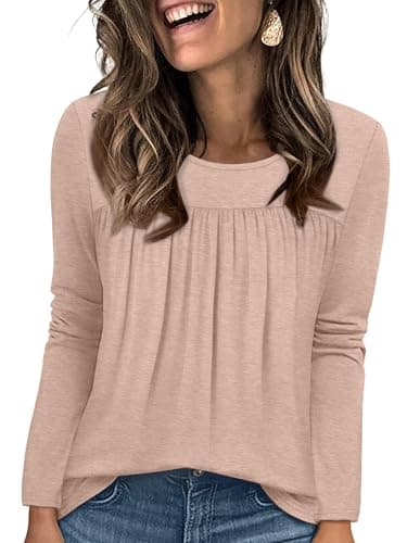 Image of WIHOLL Sweatshirts for Women uk Long Sleeve Tops for Women Crew Neck Ladies Tunic Tops Pleated Ladies Blouses Khaki Size 22-24