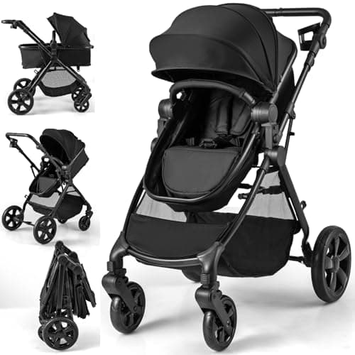 Image of Maxmass Baby Pushchair, Foldable Newborn Stroller with Reversible Seat, Storage Basket, Adjustable Canopy & Handle, Infant Travel Buggy for 0-3 Years Old (Black, Without Footmuff:89 x 60 x 111 cm)