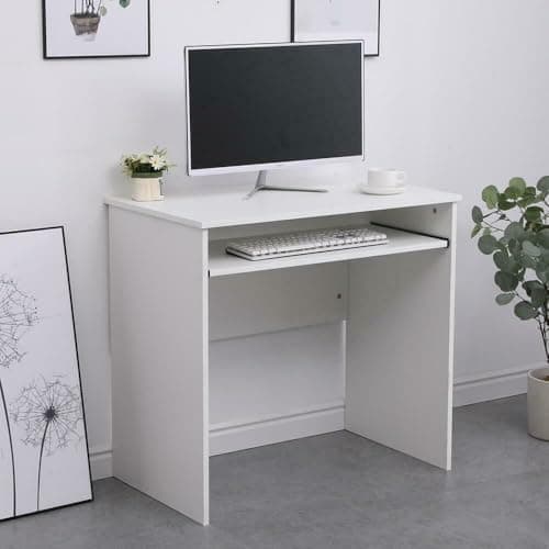 Image of Home Source Compact Computer Office Desk PC Laptop Table, Study Gaming, White, 80cm