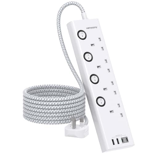 Image of Extension Lead with USB Slots(2 USB C), HANYCONY 4 Way Plug Extension Socket with Individual Switches, 1.8M Extension Cable, Wall Mount Extension Cord, Desk Power Strip for Bedroom Office Accessories