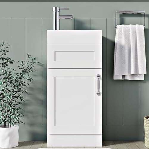 Image of BELOFAY White 400mm Floor Standing Bathroom Vanity Unit With Basin - Lacquered Cloakroom Vanity Unit with 1 Tap Hole and Soft Close Hinges with WASTE (Crawley White.)