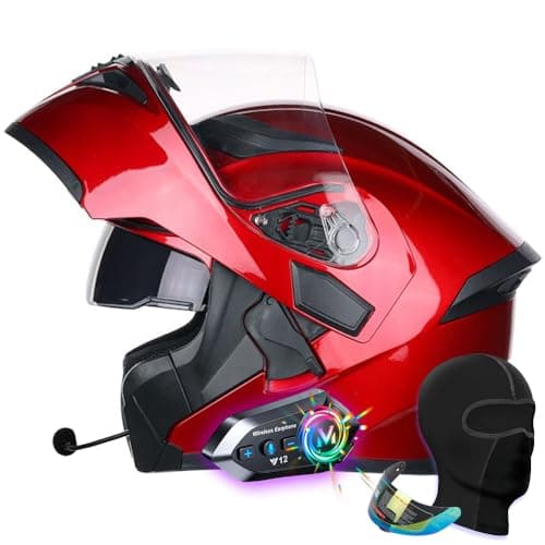 Image of Bluetooth Modular Motorbike Helmet, Flip-Up Full Face Helmet with Dual Visors, Built-in Speakers, ECE Approved, for Adult Riders (Red, M 57~58CM)