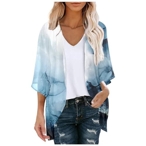 Image of Generisch Womens Black Floral Print Puff Sleeve Loose Cover Up Casual Blouse Tops Swimsuit Throw, navy, S