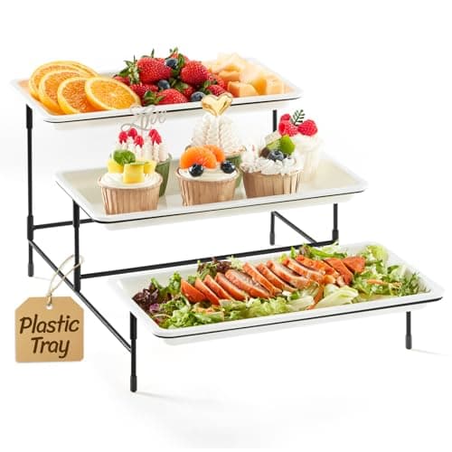Image of Lifewit 3 Tier Serving Tray for Party Supplies, 12 x 6.5" Plastic Platters for Food, White Reusable Trays with Black Metal Display Stand for Buffets, Cake, Snack, Veggie, Fruit, Cookies, Dessert