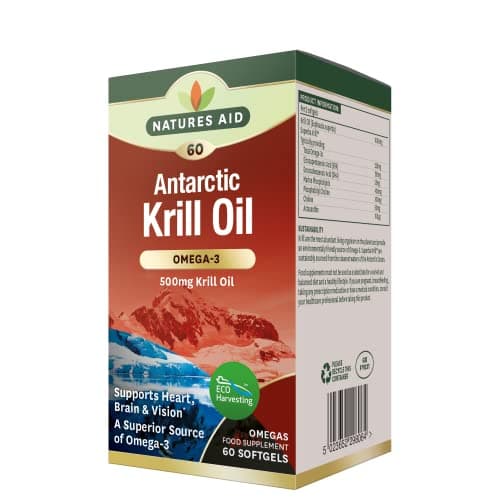 Image of Natures Aid Krill Oil 500mg Capsules – High Omega-3 EPA & DHA to Support Heart, Brain & Vision – High Absorption Phospholipids & Astaxanthin – Sustainably Sourced – No Fishy Aftertaste – 60 Softgels