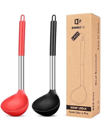 Image of Pack of 2 Ladle Spoon,Silicone Large Spoons for Soup,Non Stick Kitchen Utensils with High Heat Resistant,BPA Free Perfect Kitchen Tools for Cooking, Stirring,Serving Soups (Black-RED)