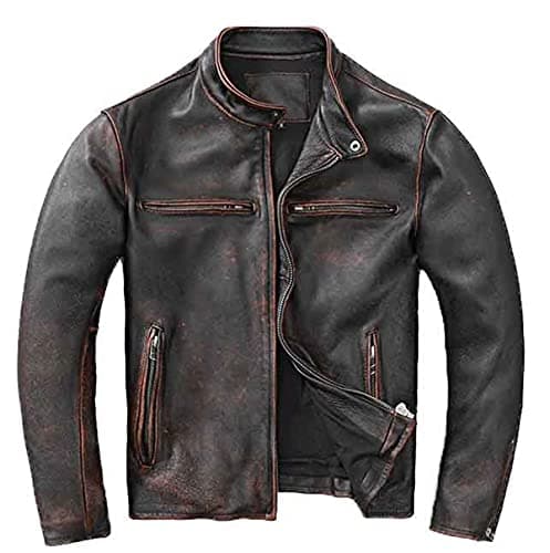 Image of SHOP OF JACKETS LIMITED Distressed Leather Motorcycle Jacket | Vintage Black Real Leather Jacket Mens | Motorbike Clothing For Men | Size: Large
