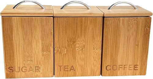Image of Tea Coffee Sugar Canister Lidded Storage Jars, Kitchen Organiser Set Wooden Kitchen Canister Set with Lids Wood Organiser Camper Van Camping Sachet Organizer