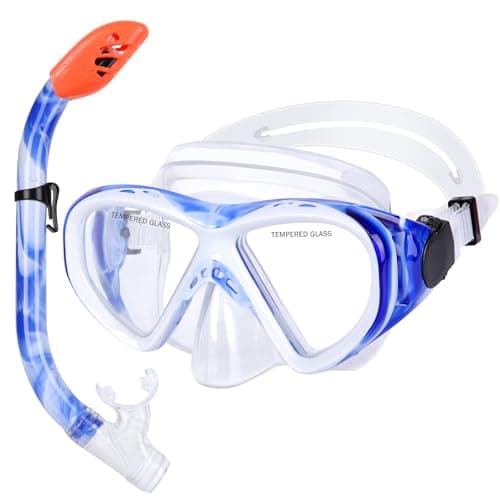 Image of KUYOU Kids Snorkel Set Dry Top Snorkeling Gear,180°Panoramic Wide View Swimming Diving Mask for Kids Youth Boys Girls Junior Age 5-12 (Blue+White)