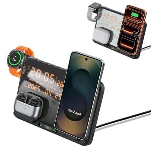 Image of 3 in 1 Wireless Charger Charging Station with Digital Alarm Clock, Fast Charge for iPhone,Air Pods,Apple Watch Series, Samsung Galaxy Phones/Watch/Buds,LED Display with Temperature,Date,12/24H Clock