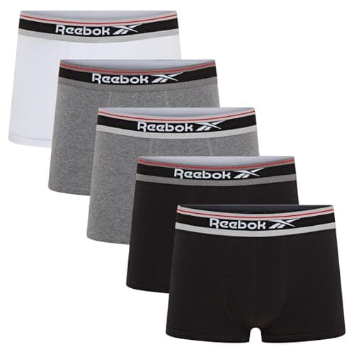 Image of Reebok Jay Boxers for Men | Pack of 5 Mens Trunks, Breathable & Stretchable Underwear for Men | Multipack Cotton Blend Boxer Shorts, Black/Charcoal Marl/White, M