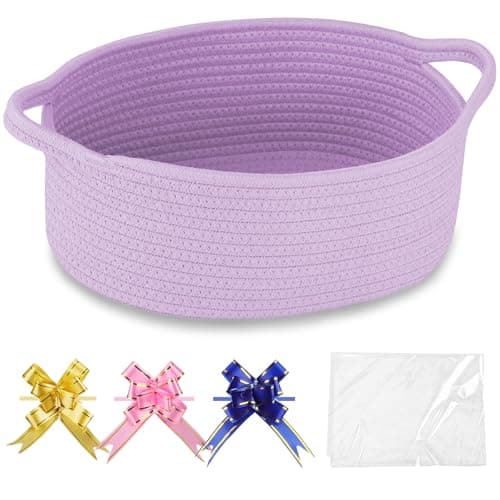 Image of COMSE Small Woven Basket with Gift Bags and Ribbons, Gift Basket Empty, Nursery Organisers Storage for Baby Toy, Cotton Rope, 30.5 x 20 x 13 CM, Purple