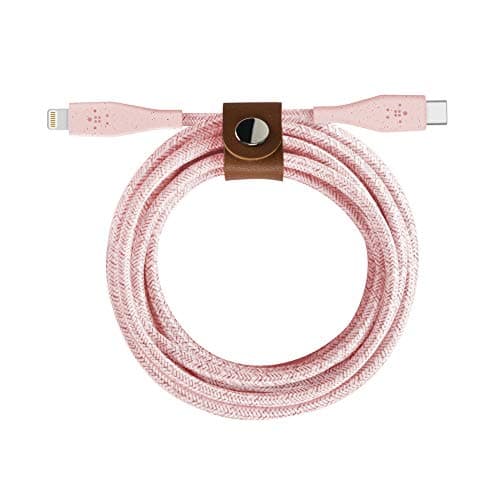 Image of Belkin Boost Charge USB-C Cable with Lightning Connector + Strap (made with DuraTek) - USB-C to Lightning Cable for iPhone 13, 13 Pro, 13 Pro Max, 13 mini and Earlier Models, 4ft/1.2m - Pink