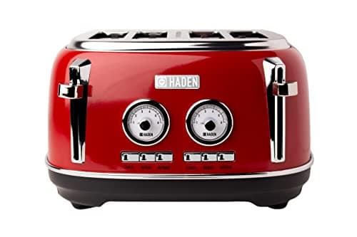 Image of Haden Jersey Red Toaster 4 Slice - Retro Stainless Steel Design with Reheat, Defrost, Self-Centering Functions, Customizable Browning Control - 1370-1630W, 220-240V - Elegant Kitchen Appliance