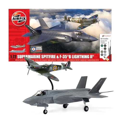 Image of Airfix - Aircraft Model Building Kits - A50190 Supermarine Spitfire & F-45 B Lightning II Miniature Craft Kit, 1/72 Scale Plastic Model Plane Kits for Adults to Build - Aeroplane Gifts for Men