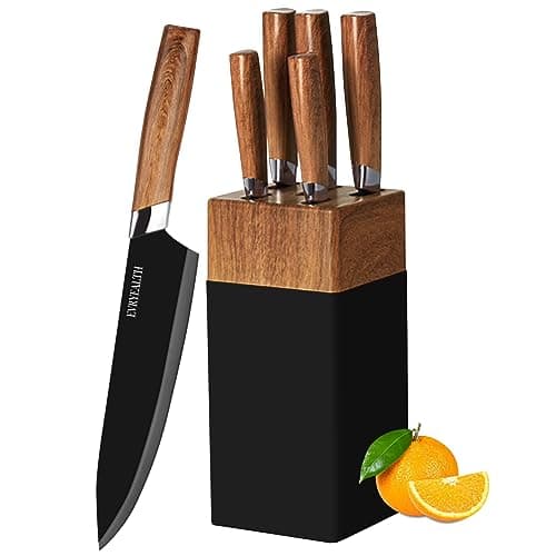 Image of lapelux Kitchen Knife Set - 5 Piece Knife Set with Block, Wood Grain Handle, Stainless Steel Knivese with Chef, Bread, Slicer, Paring Knife for Cutting Meat/Vegetables/Fruit.