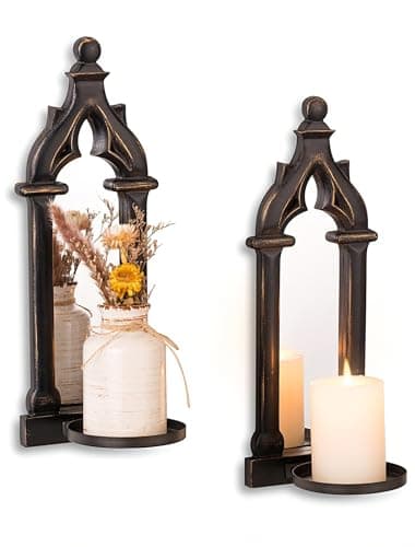 Image of Wall Candle Holders Vintage Black - Walasis Wall Candle Sconces Mounted Set of 2 Gothic Decor Wooden Mirror decoration for Living Room Bathroom